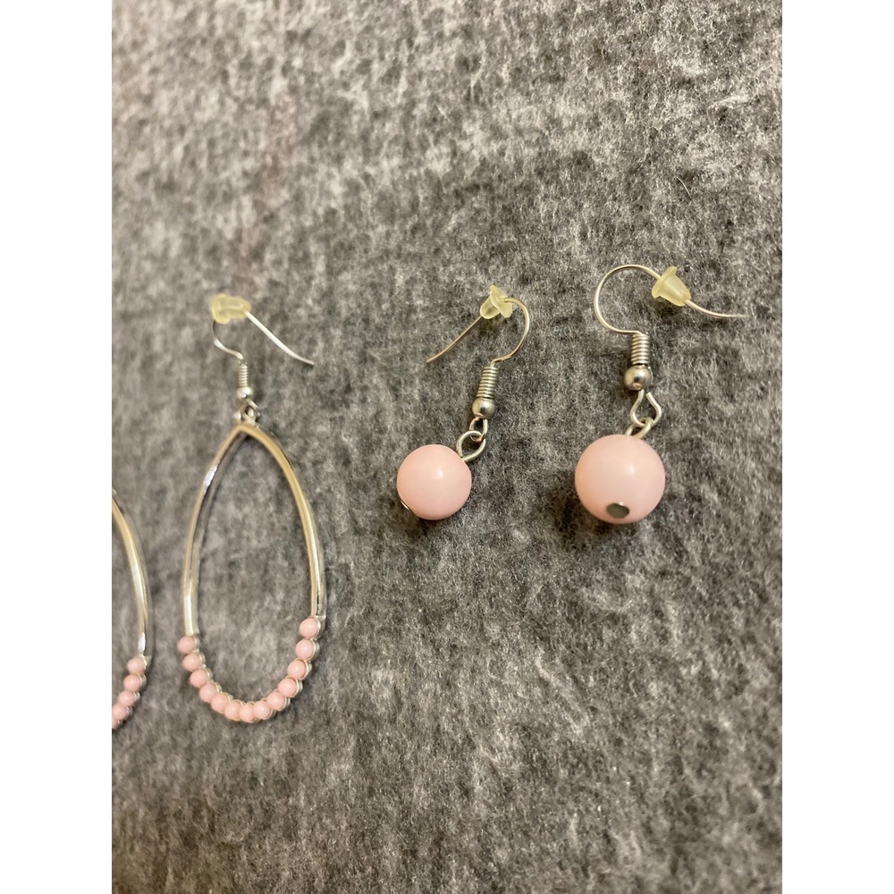 Pink Bead Silver Tone Earring Set Teardrop Hoops and Bead Drops 2 Pairs - Picture 3 of 6